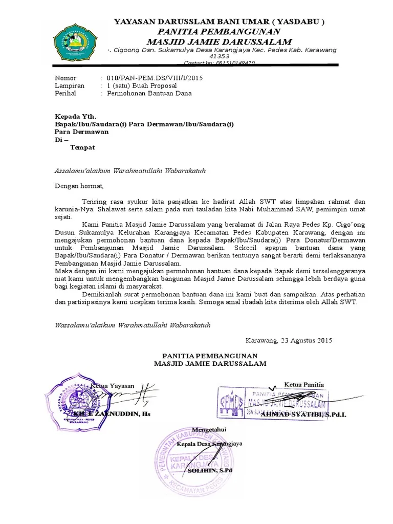 Contoh surat pengajuan dana pembangunan masjid